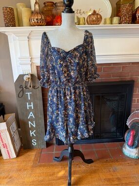 Francesca's Navy Floral Midi Dress with Puff Sleeves